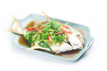 Wall Mural - Fresh seafood steamed fish - Steamed Gold pomfret，