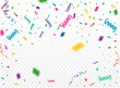 © JJIMAGE - Celebration background template with confetti and colorful ribbons. Vector illustration