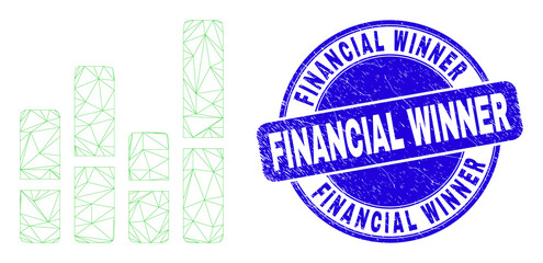 Wall Mural - Web carcass bar chart pictogram and Financial Winner watermark. Blue vector round scratched watermark with Financial Winner message.