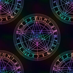 Seamless pattern with magic pentagram and runes, witch or satanic ornament