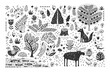 Hand drawn pattern with abstract Scandinavian nature elements. Vector set of plants and animals of the forest.