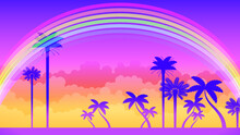 Abstract Beautiful Background Vector With Palm Trees Clouds And Rainbow