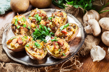 Wall Mural - Baked potatoes stuffed with bacon, mushrooms and cheese