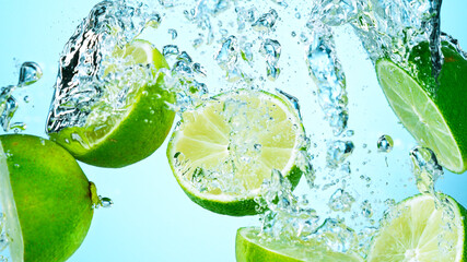 Poster - Freeze Motion Shot of Fresh Limes Falling Into Water Isolated on White Background.