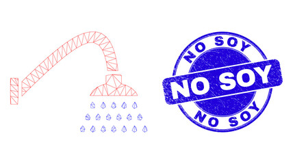 Sticker - Web mesh shower icon and No Soy seal stamp. Blue vector rounded grunge stamp with No Soy message. Abstract carcass mesh polygonal model created from shower icon.