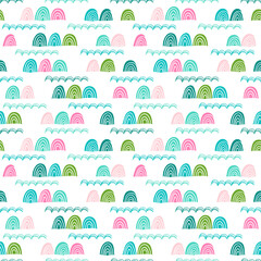 Wall Mural - Seamless pattern with stylized cliffs and waves. Cute vector background with stylish rocks great for fabric, wallpaper, wrapping paper, kids theme.