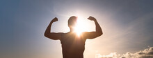 Strong man flexing silhouette. People health and fitness 