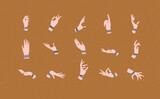 Fototapeta Dinusie - Hands with bracelets and rings in ethnical style in different positions to express feelings and emotions drawing on mustard background