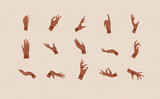 Fototapeta Dinusie - Hands with bracelets and rings in ethnical style in different positions to express feelings and emotions drawing on beige background