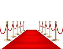 Vector Illustration Red Event Carpet And Golden Barriers Realistic Illustration In White Background. Red Carpet Event Design Element.