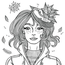 Beautiful Fashion Girl Portrait With Little Hat. Autumn Illustration. Coloring Book Page For Adult. Isolated Vector. Modern Style Clothes.