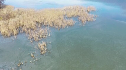 Canvas Print - Drone shot on spring lake. Aerial view of spring landscape lake. 
