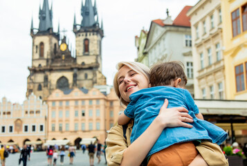 Mother and son at central market square in Prague, Czech Republic