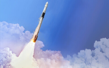 Aufkleber - Launch of rocket in the space. Spaceship in the sky. Take off from Earth to ISS station. Elements of this image furnished by NASA