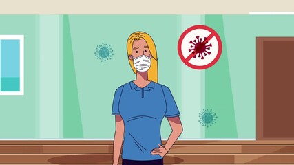 Wall Mural - young woman wearing medical mask for covid19 protection with stop covid19 signal