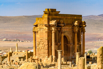 Ruins of Timgad, a Roman-Berber city in the Aures Mountains of Algeria. (Colonia Marciana Ulpia Traiana Thamugadi). UNESCO World Heritage Site