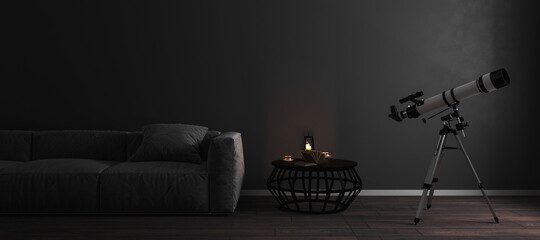Telescope near window in stylish dark luxury room interior background with fray sofa, mock up, astronomy concept, 3d rendering 