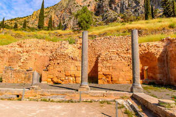 It's Columns in Delphi, an archaeological site in Greece, at the Mount Parnassus. Delphi is famous by the oracle at the sanctuary dedicated to Apollo. UNESCO World heritage