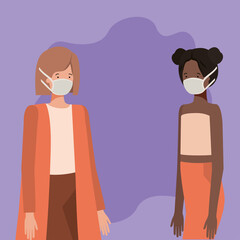 Wall Mural - Social distancing between girls with masks design of Covid 19 virus theme Vector illustration