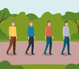 Wall Mural - Social distancing between boys with masks at park design of Covid 19 virus theme Vector illustration