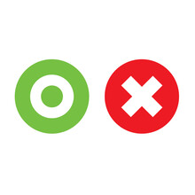 Shiny O And X Round Shape Icons, Simple Green Circle & Red Cross Signs Infographic Flat Design Pictogram Vector For App Web Banner Button Ui Ux Interface Elements Isolated On White Background