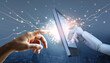 © ipopba - Hands of robot and human touching on big data network connection, Science and artificial intelligence technology, innovation and futuristic, AI, Machine learning.