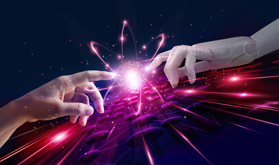 Leinwandbilder - Robot and human hand connection technology and new era of innovation on modern virtual interface, Technology and science.