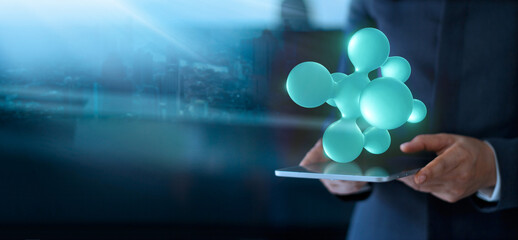 Leinwandbilder - Businessman holding abstract networking on digital tablet, Network communication and data exchanges, innovative and technology.