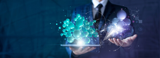 Leinwandbilder - Networking and communication concept, Abstract of 3D network connection in tablet and businessman hands, tablet, innovative and technology, Network and data exchanges on cyberspace.