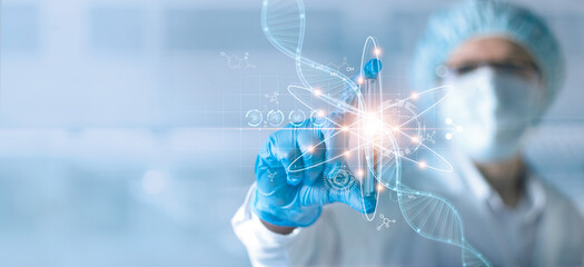 Science and medical, Scientists or Health care researcher holding test tube and analyzing data DNA gene transfer and gene therapy disease treatment and prevention in  scientific chemical laboratory.