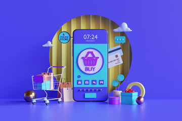 Wall Mural - shopping on-line. online store on website or mobile application. 3d rendering background. digital ma