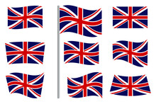Great Britain Flag Icons. Vector Images Of The Symbols Of The United Kingdom. Set Of Flat Wavy 3d Illustrations Of National Emblems Of England. Stock Photo.