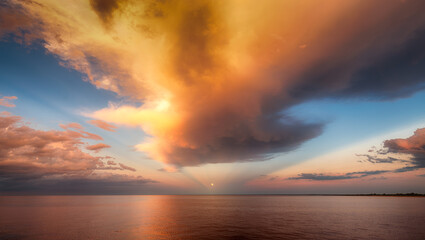 Wall Mural - Moon over sea horizon with golden sunset clouds and reflection