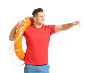 Wall Mural - Beach rescuer with lifebuoy on white background