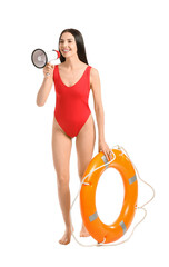 Wall Mural - Beach rescuer with lifebuoy and megaphone on white background