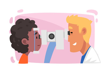 Sticker - Ophthalmologist Doctor Examining Patient Eyesight with Professional Equipment, Ophthalmology Diagnostics, Vision Correction, Medical Treatment and Healthcare Cartoon Vector Illustration