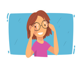 Sticker - Smiling Girl Trying On Glasses, Ophthalmology Diagnostics, Vision Correction Cartoon Vector Illustration