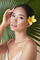 Wall Mural - woman face. leaf of palm behind asian model. beautiful girl with plumeria flower in hair against tro