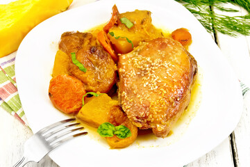 Poster - Chicken roast with pumpkin and dried apricots on white board