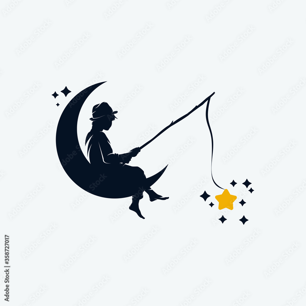 Kid fishing in the moon logo design template Stock Vector | Adobe Stock, image size:1000x1000