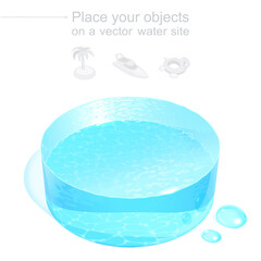 Realistic 3D water disk. Light blue liquid podium. Isometric template for placing of any objects related to water recreation, sea voyages or purification. Vector file with a transparent gradient mesh.