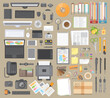 Vector set. Workspace businessman. Items on the desktop. Top view. Computer hardware and gadgets. Stationery. Paper and desktop objects. View from above. 