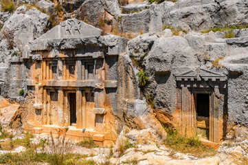 It's Ancient rock cut tombs of the Lycian necropolis, Myra, Turkey