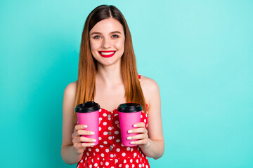 Poster - Portrait of dreamy pretty girl hold takeaway cappuccino cup enjoy walk weekend wear skirt isolated over turquoise color background