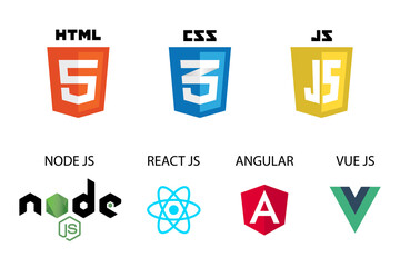 vector collection of web development shield signs: html5, css3, javascript, react js, angular, vue js and node js.