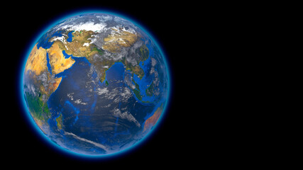 Wall Mural - Beautiful planet Earth in space against the black background. Flying over the earth's surface. Europe Asia and Australia. 3d rendering. Elements of this video furnished by NASA.