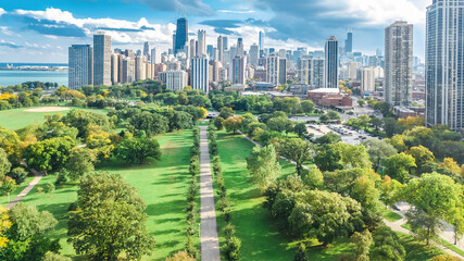 Wall Mural - Chicago skyline aerial drone view from above, lake Michigan and city of Chicago downtown skyscrapers cityscape bird's view from park, Illinois, USA
