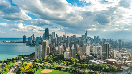 Wall Mural - Chicago skyline aerial drone view from above, lake Michigan and city of Chicago downtown skyscrapers cityscape bird's view from park, Illinois, USA

