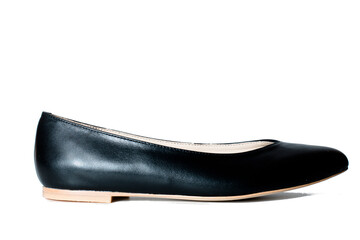 ballet shoes on a white background, black women’s flat shoes, classic, leather mules and loafers, leather substitute