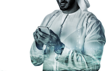 double exposure of businessmen using smart phone with blur city night and network connection concept